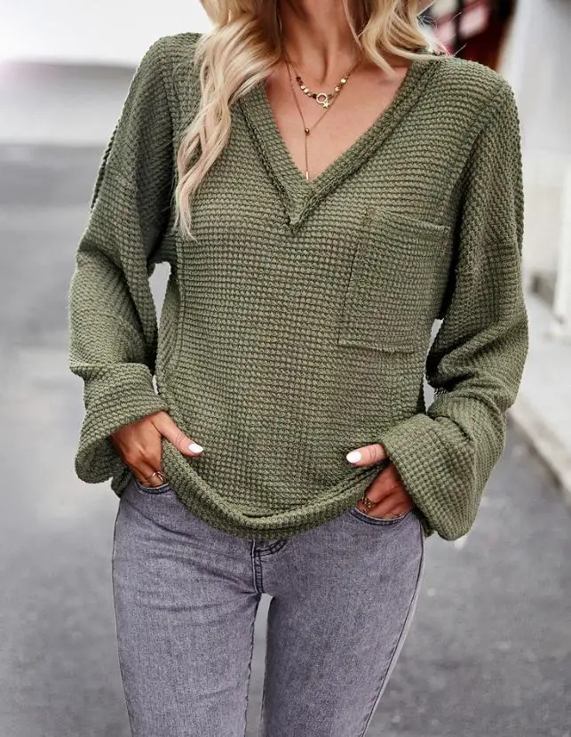 

Fashion Woman Blouse 2023 Spring V-Neck Lantern Sleeve Pocket Design Casual Plain Long Sleeve Daily T-Shirt Top Y2K Clothes