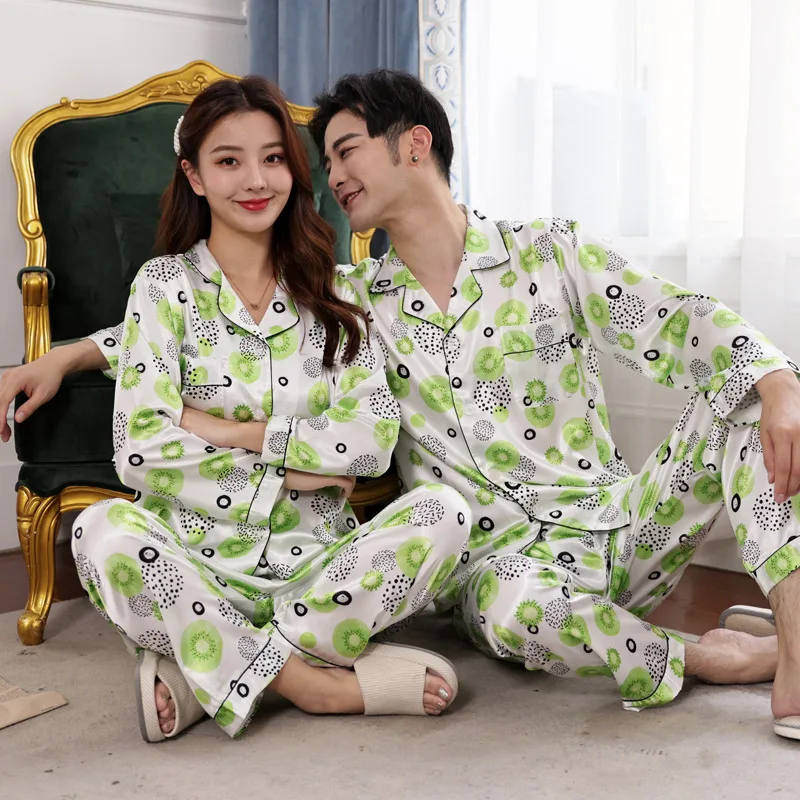 Thin Printing Matching Pajamas Couples Long Sleeved Sleepwear Silk Pajamas for Women Sleep Tops Pants Mens Pajamas Set Sleepwear