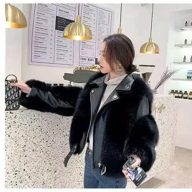 2022 winter new Fashionable warm short fox fur coat and sheepskin leather full fox fur motorcycle jacket luxury women's