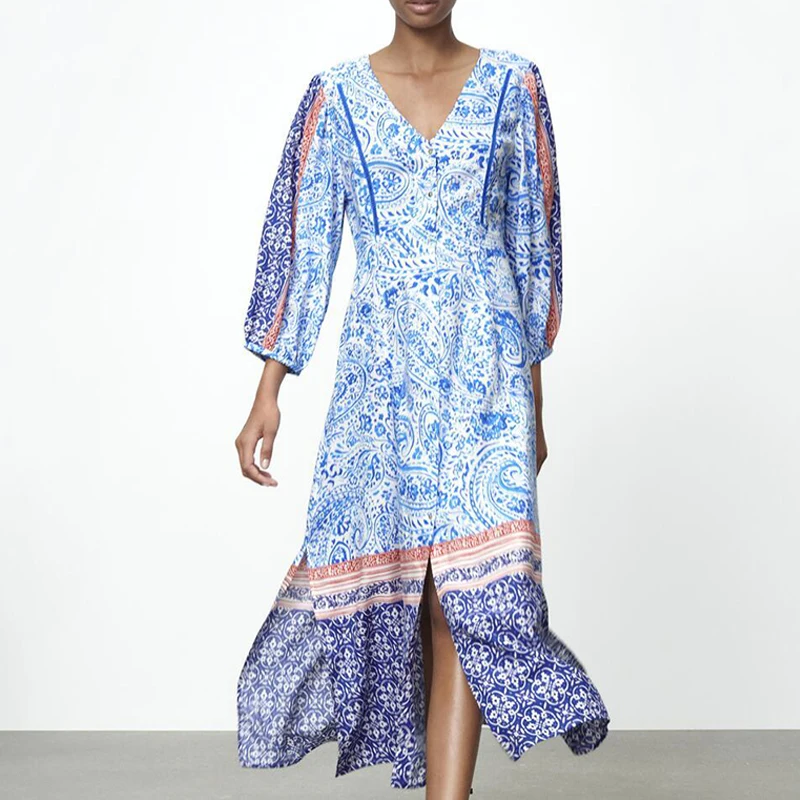 

Женское длинное платье с принтом, повседневное свободное однобортное платье с длинным рукавом, V-образным вырезом и разрезом на подоле, весн...