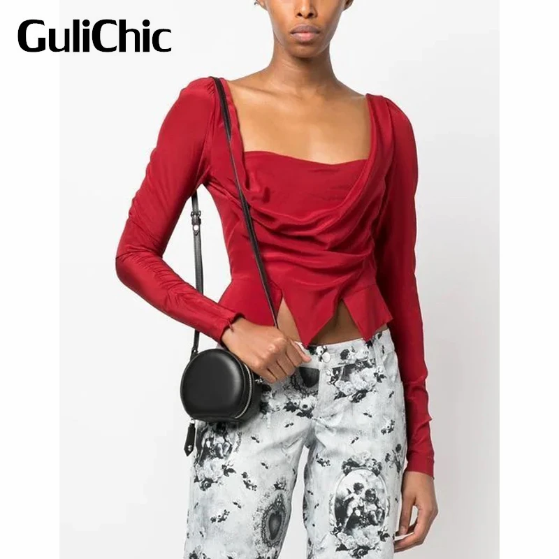12.13 GuliChic Women Chic Fashion Sexy Irregular Hem Scoop Collar Long Sleeve Zipper Back Slim Short Blouse