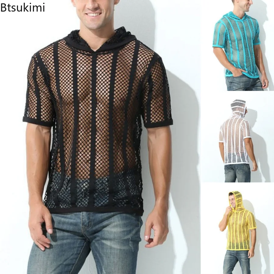 

New Spring Summer Men Fashion Undershirt Hooded Tops Mesh See Through Sexy Short Sleeve Streetwear Casual Men Clothing Tops 2023