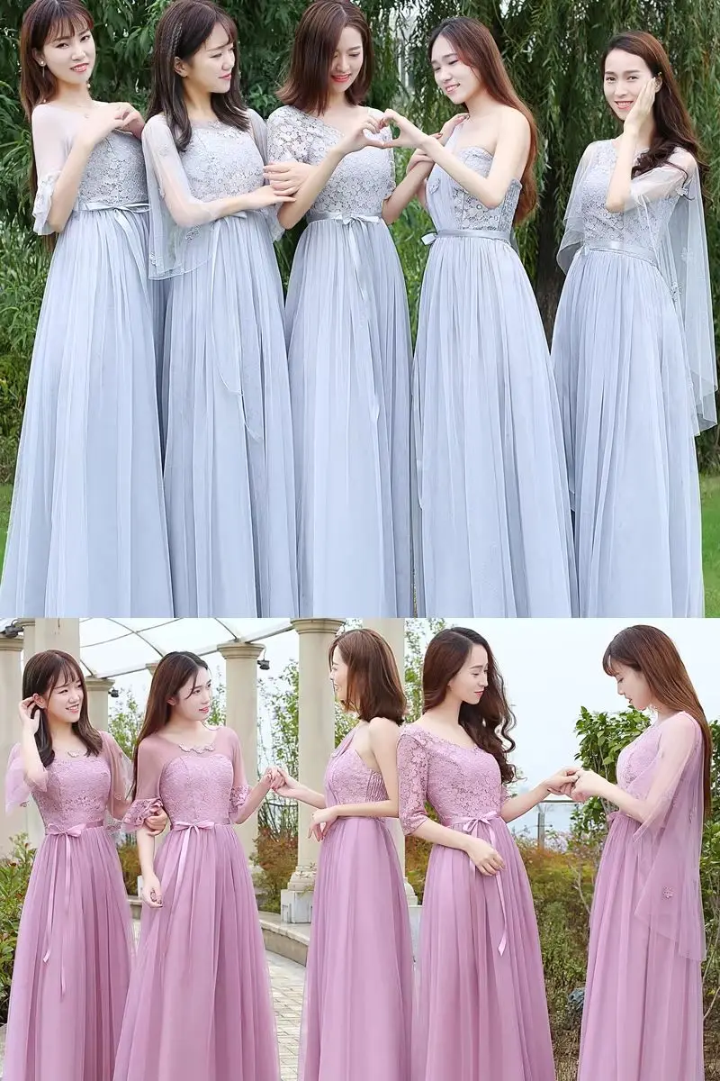 Длинные розовые светло-серые платья подружки невесты Длинное сладкое платье с