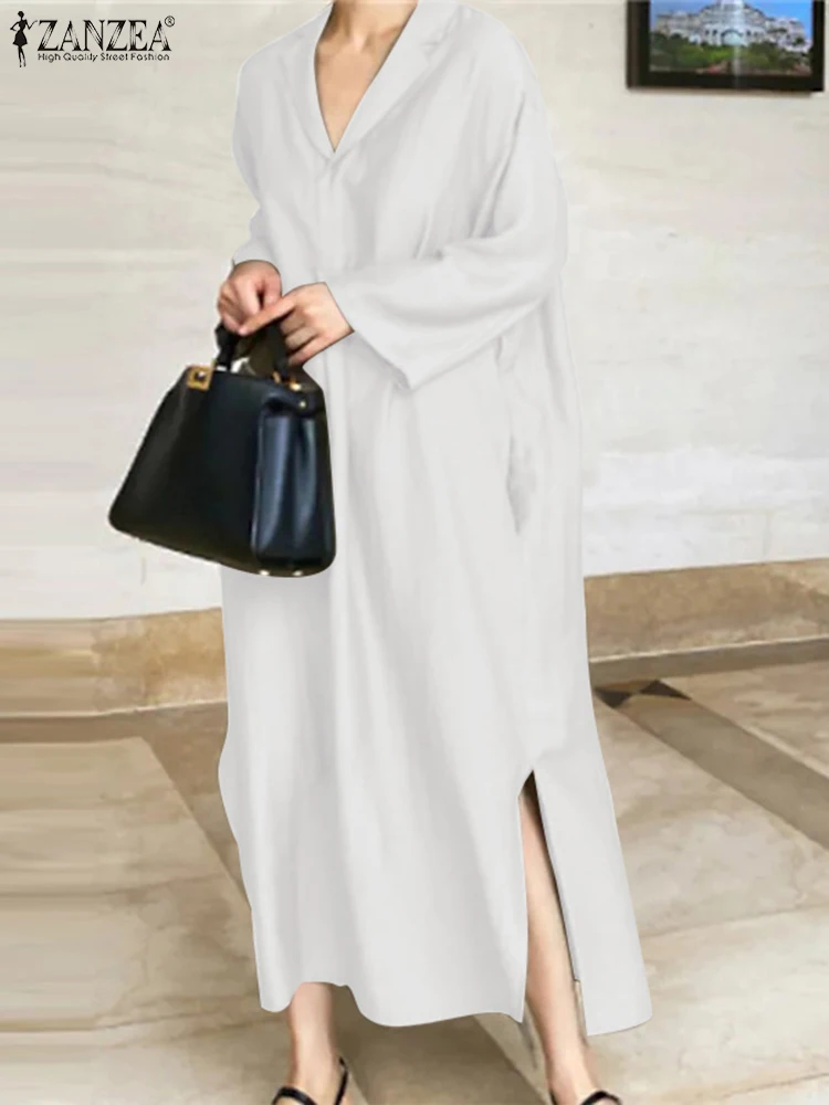 

Осеннее платье с отложным воротником ZANZEA, сарафан с длинным рукавом, модные платья для женщин, однотонное платье с поясом, женское праздничн...