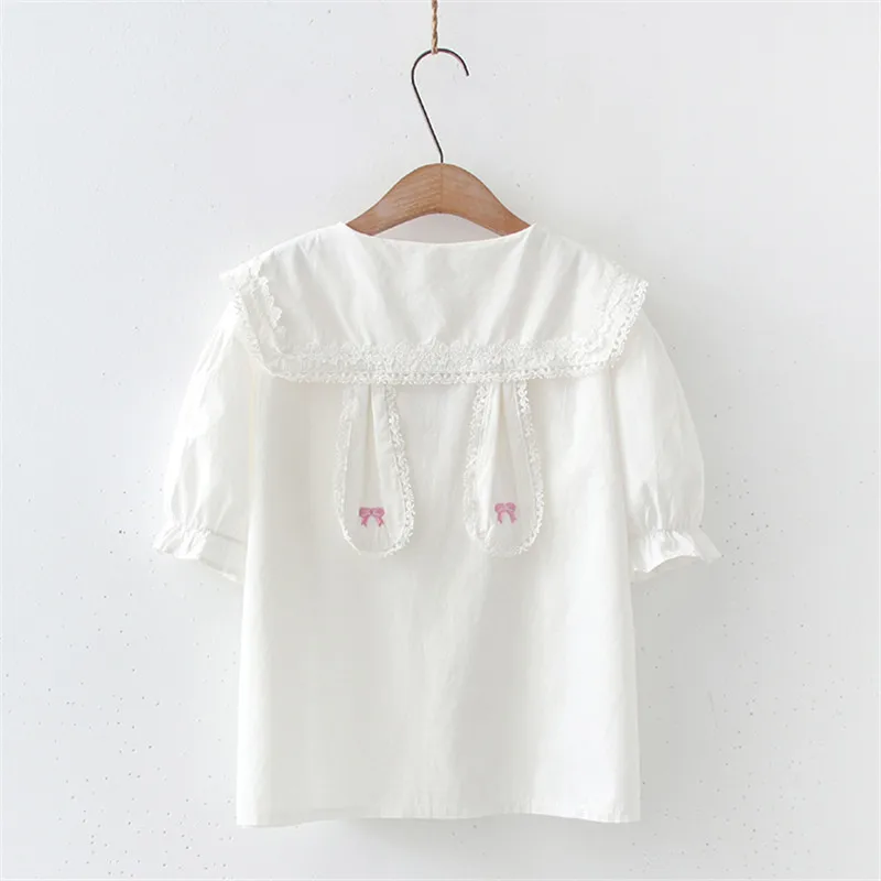 

2023 Lolita Style Summer Women White Shirt Peter Pan Collar With Lace Bow Embroidery Cute Blouse Kawaii Bunny Baggy JK Blusa Top