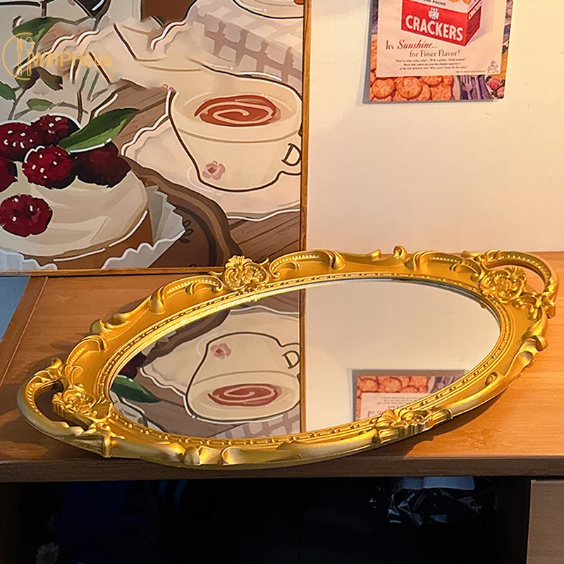 Retro Tray Plastic Mirror Decoration Europe Style Wedding Party Dessert Cupcake Stand Jewelry Storage Photography Prop