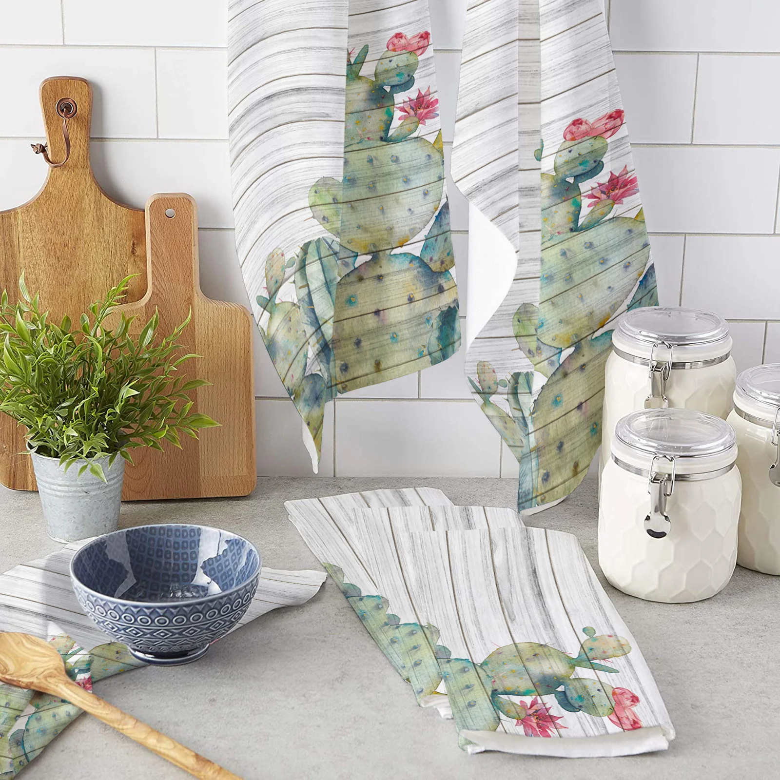 

Кухонное полотенце с текстурным рисунком кактуса, тряпка для мытья рук и чая с тропическим растением, водопоглощающая ткань для уборки дома