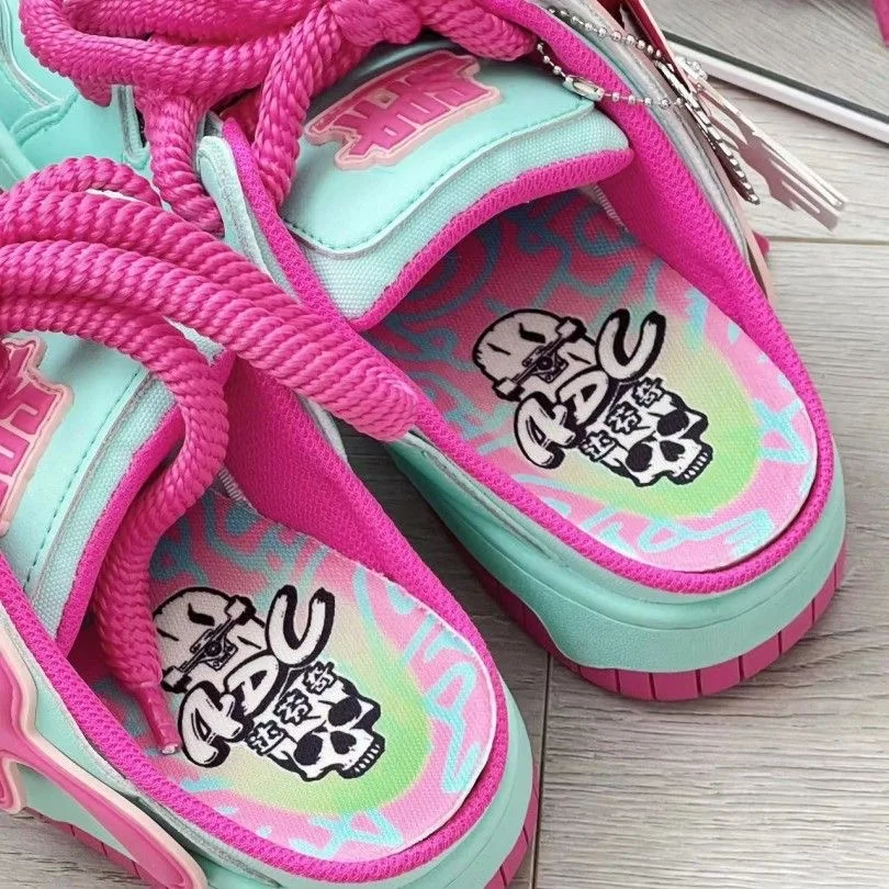 Spring Women Cute Bear Canvas Shoes New Flat Casual All-match Half Slippers Korean Version Trend Lace Up Ladies Vulcanized Shoes