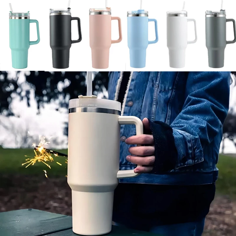 

40oz Thermos Stainless Steel Vacuum Flasks Straw Cup with Handle Ice Tea Large Capacity Car Water Bottle Coffee Mug