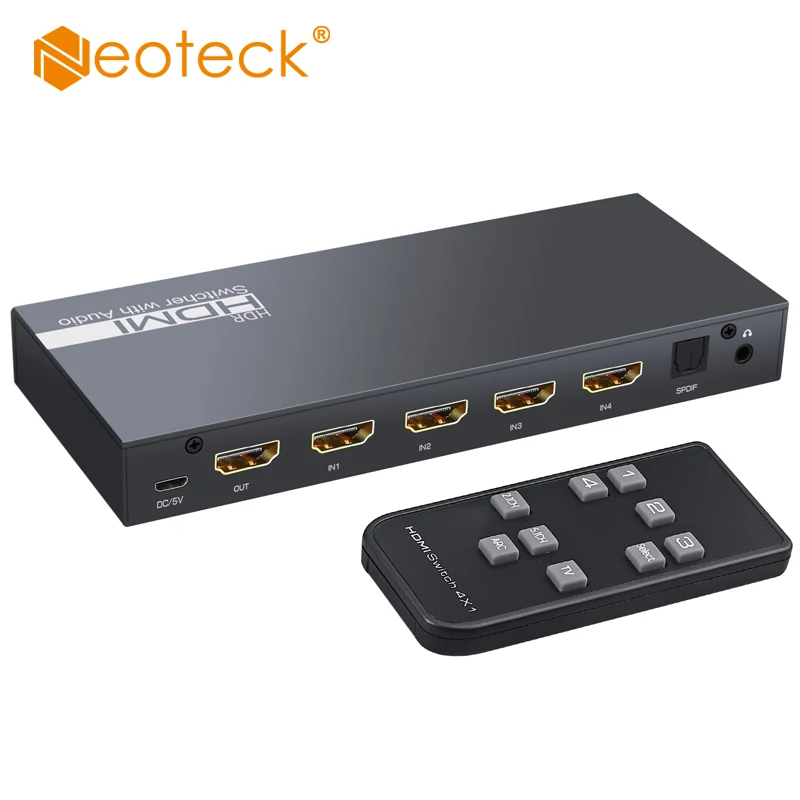 

Neoteck HDMI-comaptible 2,0 коммутатор 4x1 аудио экстрактор поддержка 4K @ 60Hz Ultra HD с оптическим TOSLINK SPDIF и 3,5 мм аудиовыход