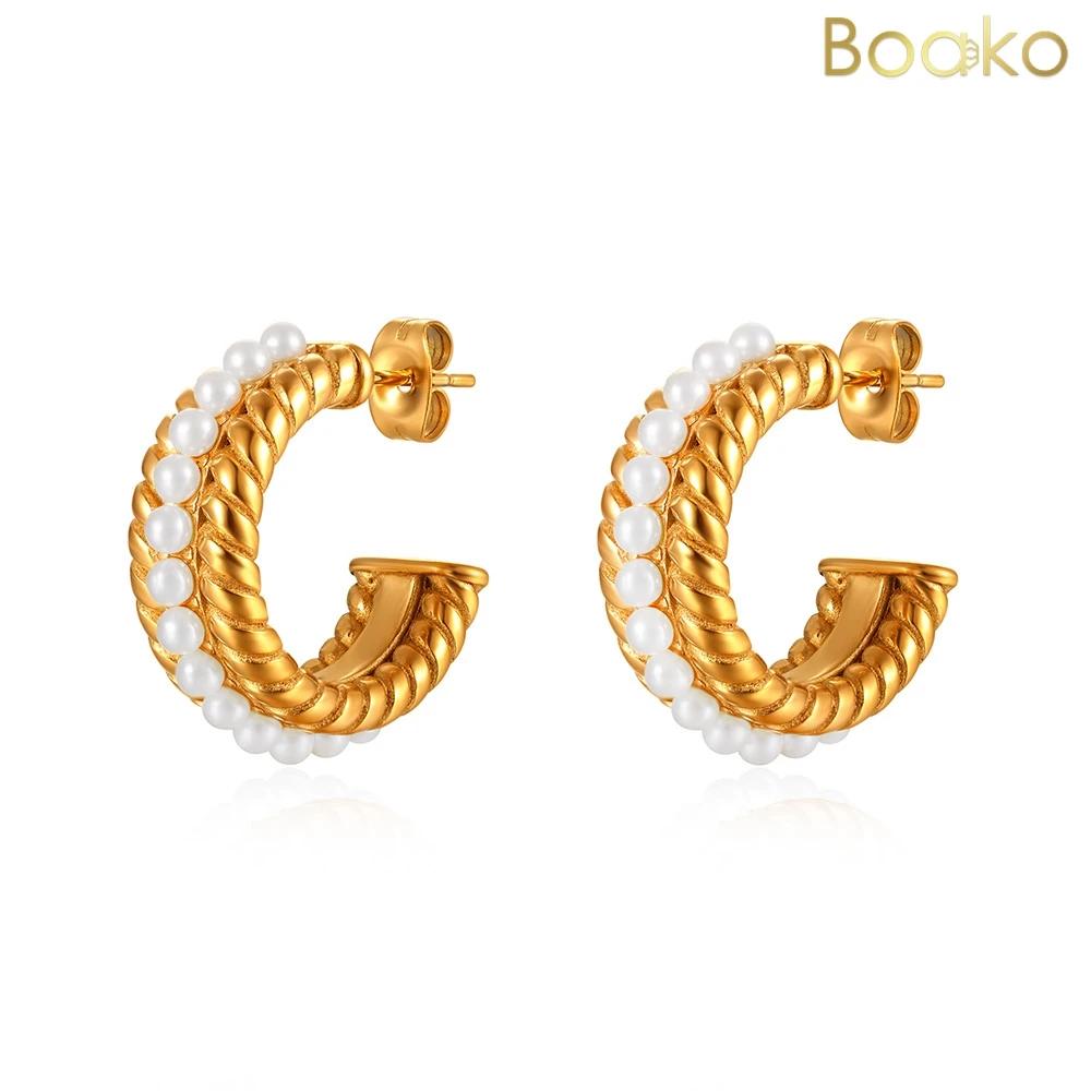 

BOAKO Stainless Steel Minimalist Beautifully Pearl Stud Earrings Charm Sweet Romantic 18k Gold Color Women Fashion Jewelry Gift