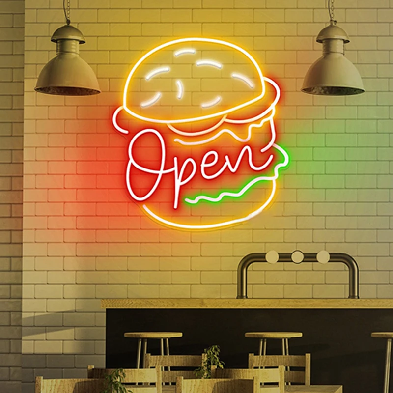 

Custom Neon Sign Burger Neon Open Signs LED Restaurant Kitchen Hamburger Store Wall Art Decor Business Logo Night Light