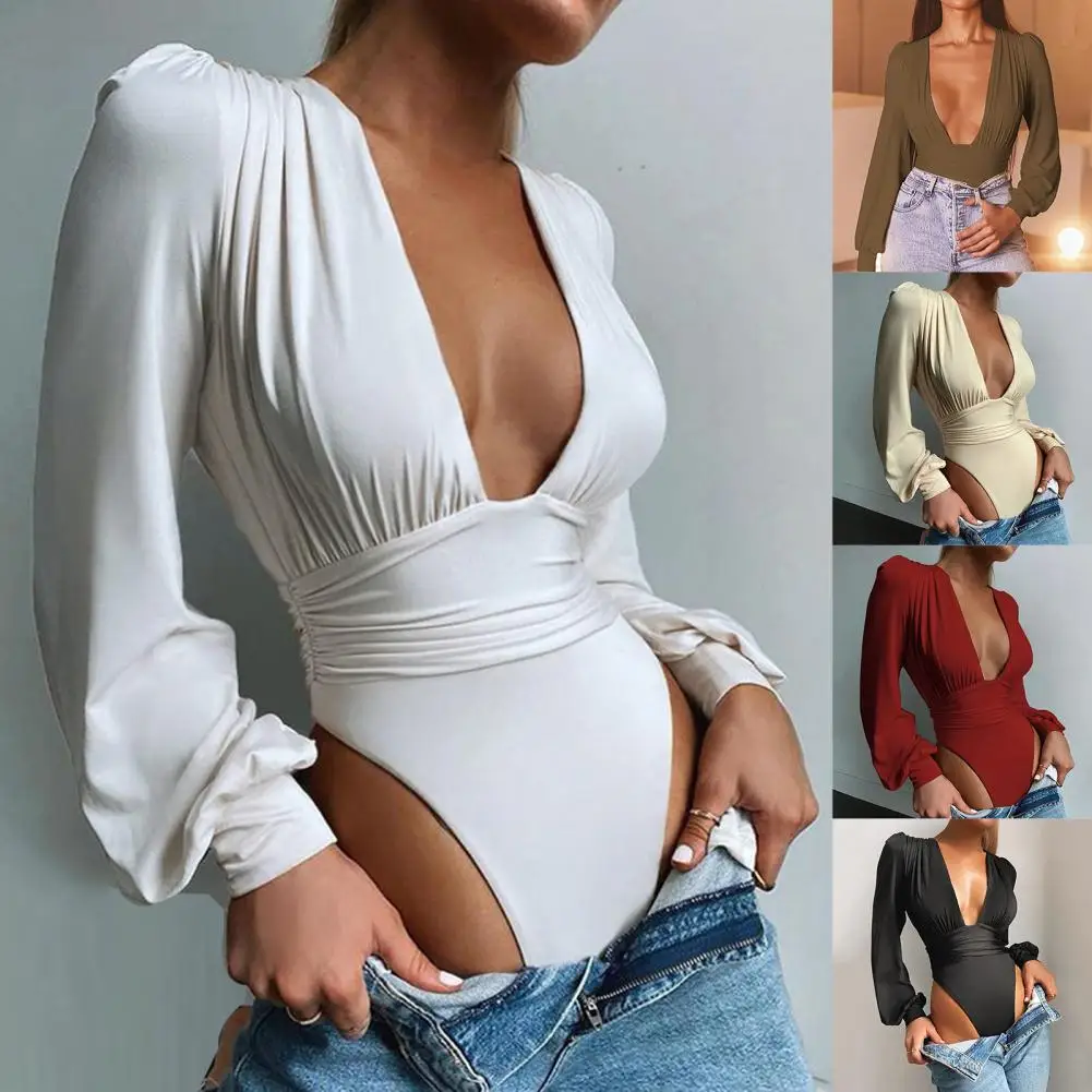 

Comfortable Popular Solid Color Pleated Fitted Bodysuit High Elastic Autumn Bodysuit Long Sleeve for Party