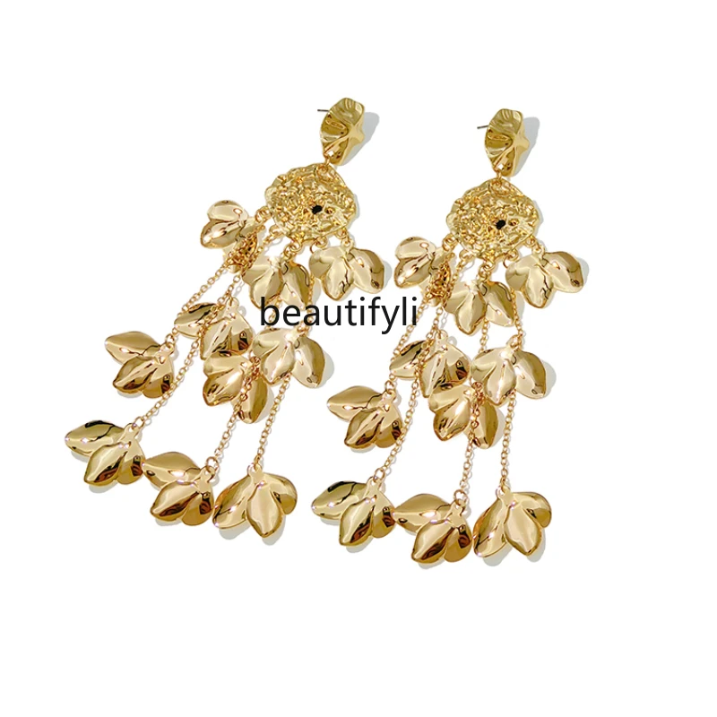 

yj Tassel Earrings Women's Long Exaggerated Temperamental Frosty Style Stud Earrings Women's Face Slimming