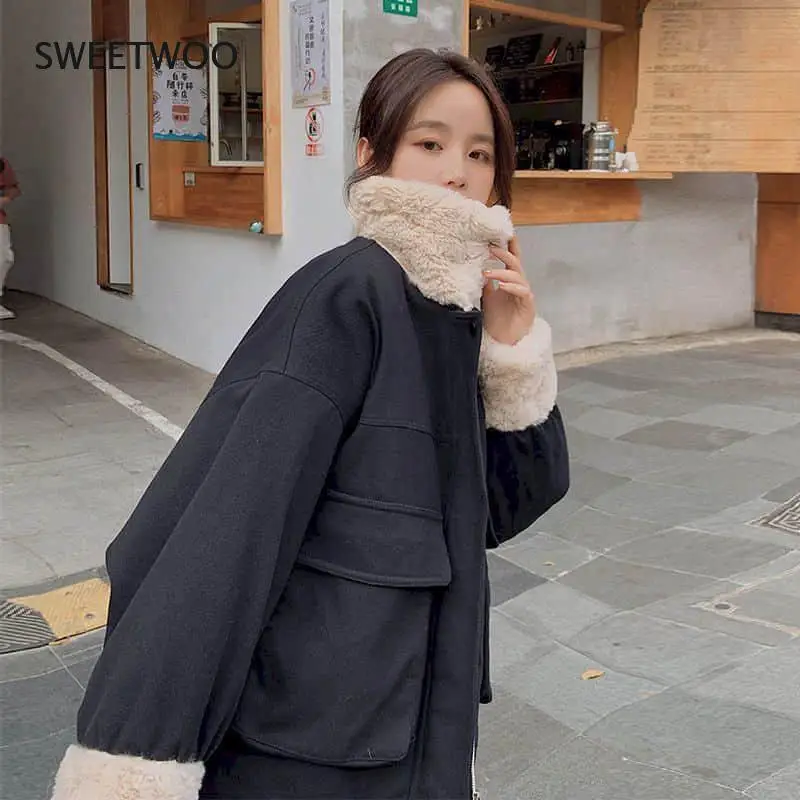 Women Winter Kawaii Fur Collar Coat Lady Parkas Thick Velvet Loose Cute Jacket Female Sweet Thick Warm Outwear Clothing Slim2022