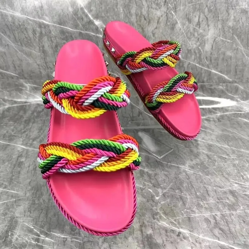 

Multi Color Rope Braid Women Slippers Low Platform Round Toe Pink Leather Patchwork Summer Sandals Slip On Casual Shoes