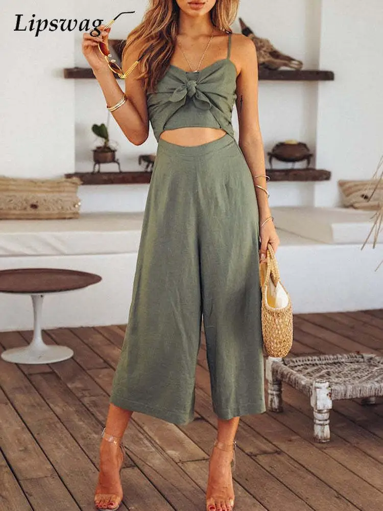 

Summer Vintage Solid Jumpsuit Women Fashion V Neck Bow Suspender Playsuit Romper Office Lady Casual Wide Leg Pants Chic Overalls