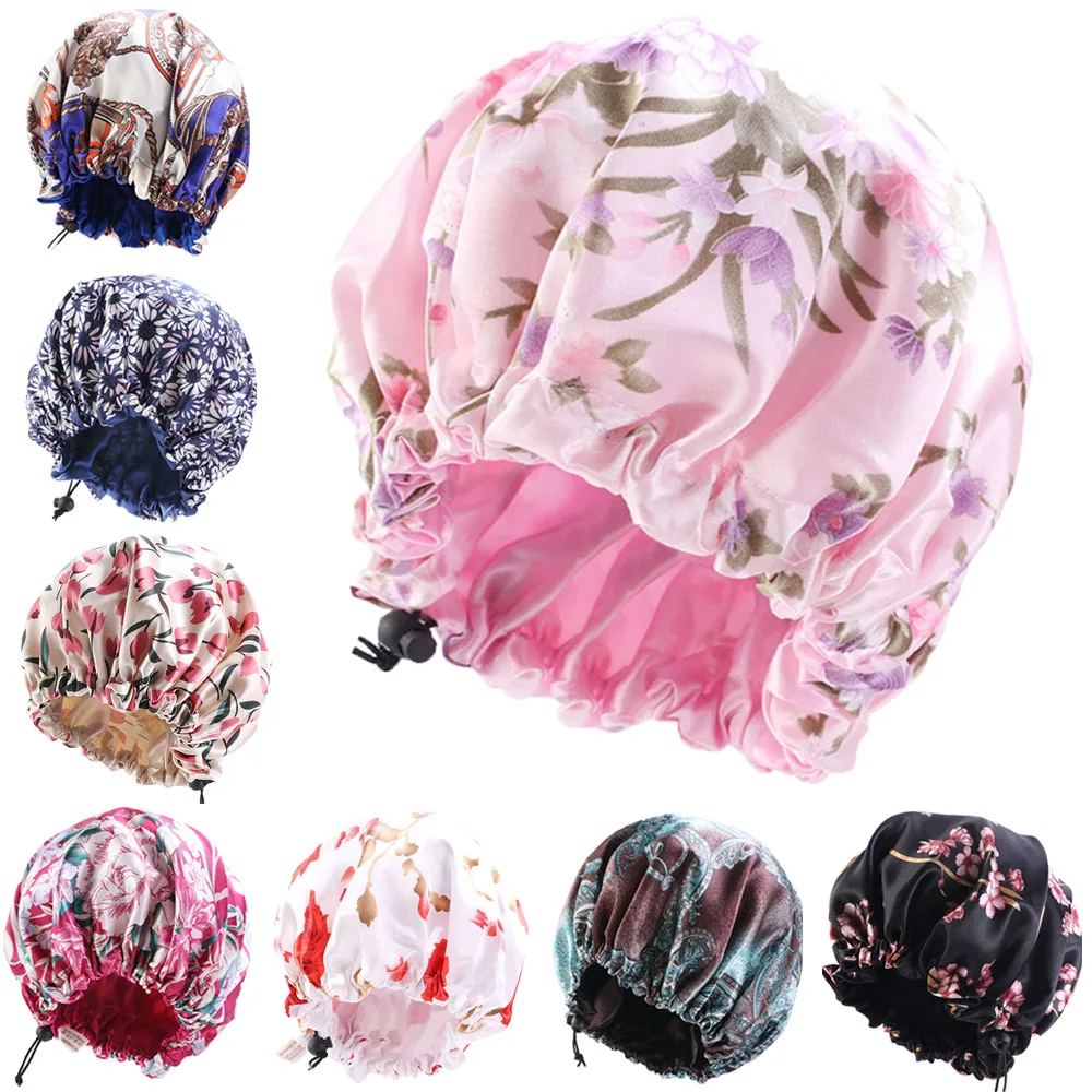 

Women Satin Sleep Night Cap Print Plus Size Cancer Chemo Cap Double-deck Hair Loss Bonnet Elastic Beanie Skullies Casual Hat New