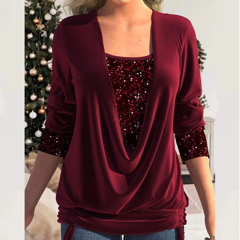 New Solid Sequin Patchwork V-neck Women Top Casual Long Sleeve Drawstring Loose Shirt Autumn Vintage Office Commuter Lady Blouse