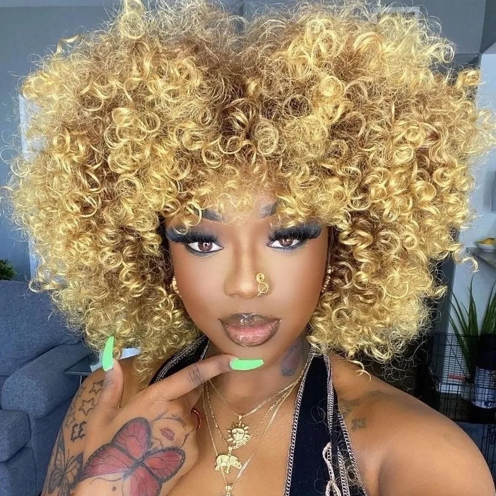 Короткие афро вьющиеся парики для чернокожих женщин блонд кудрявые с челкой