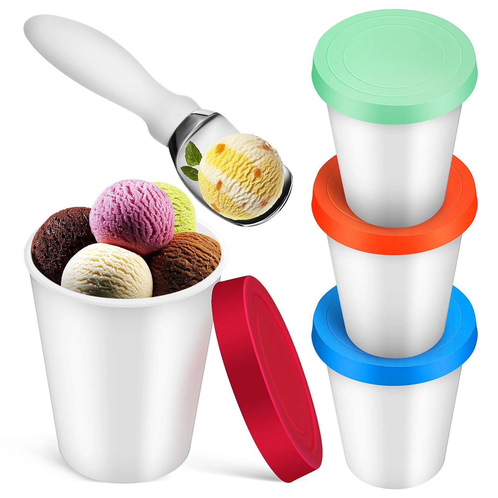 

4Pcs Ice Cream Cups 250ml Sealed Silicone Lid Ice Cream Container Dessert Cup with Spoon for Kitchen