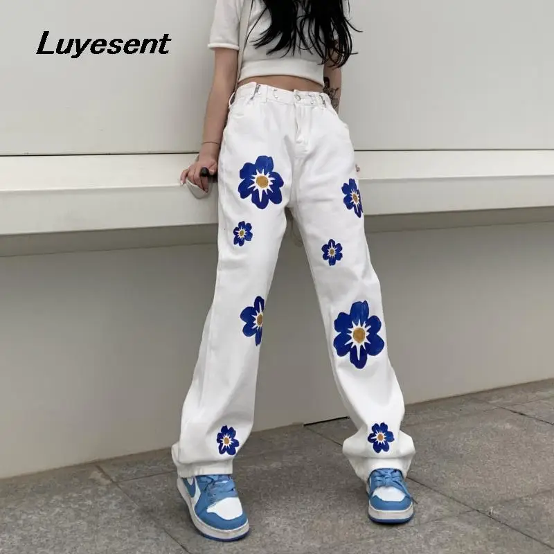 White Harajuku Lady Long Jeans 2022 Spring Women Blue Floral Print Adjustable Waist Street Denim Pants Korean Fashion Clothes