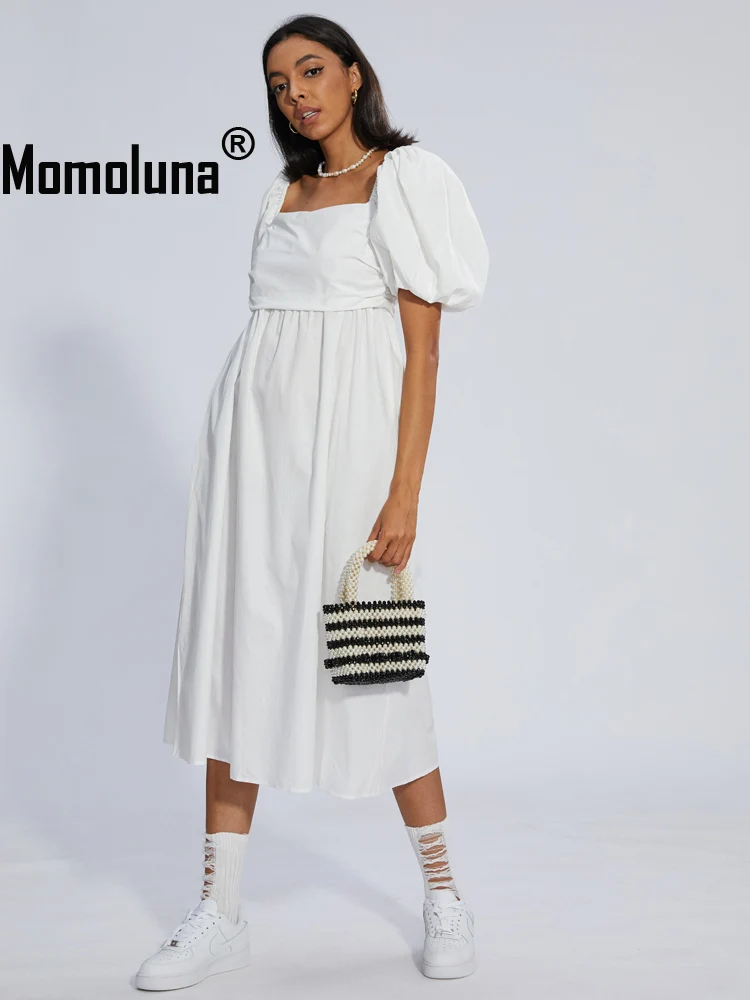 

Momoluna Women French Pleated Puff Sleeve Sweet Poplin White Midi Dress XS S M L