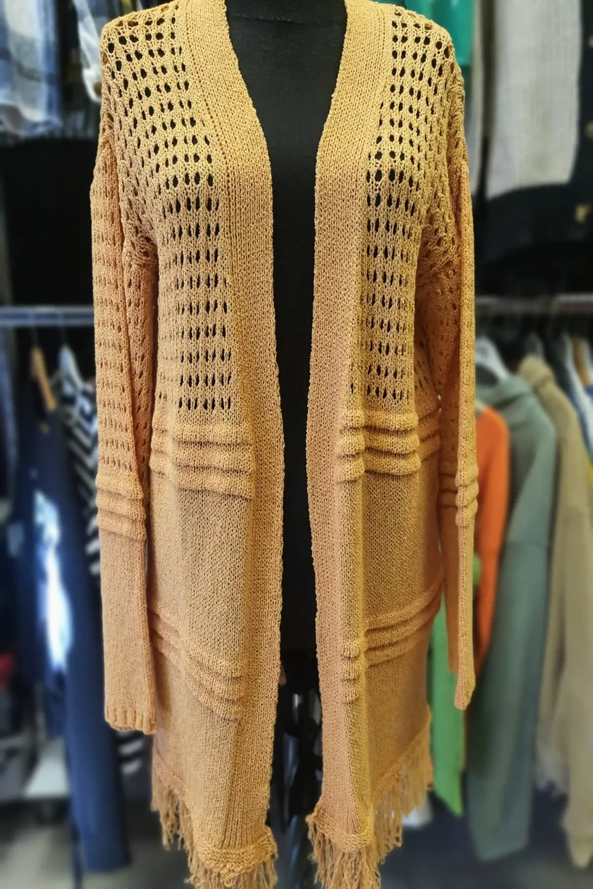 

Women's Cardigan Mustard Colored Mercerized Tassel Detail Casual Knitted Quality Fashion Sweaters Loose Jumper