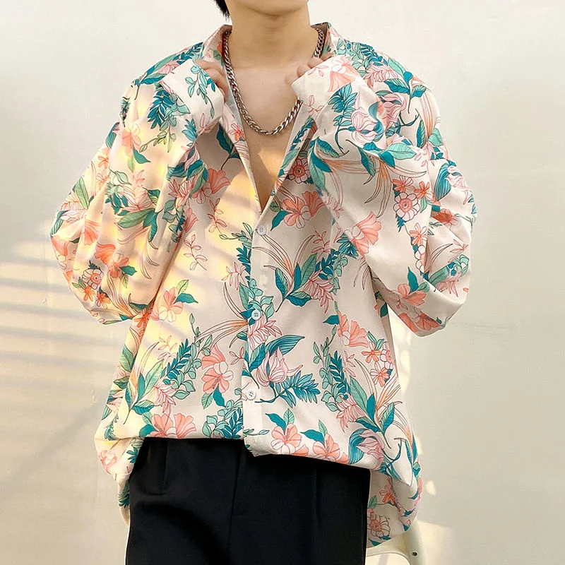 Spring/summer Long Sleeve Shirts Men Fashion Society Mens Dress Shirts Korean Loose Casual Print Shirts Mens Flower Shirts M-3XL
