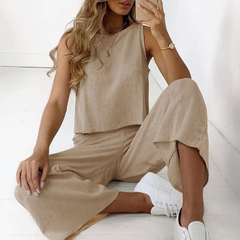 Spring Summer Women Two Pieces Set Casual Sleeveless O-neck Shirt and Loose Pants Suits Solid Color Female Tracksuit 3XL
