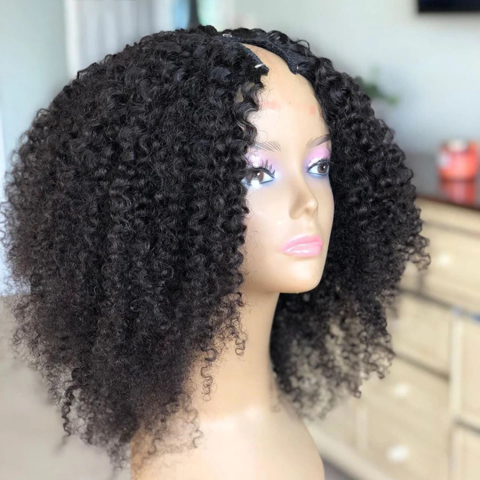 

Black Short Bob U Part Wig European Remy Human Hair Kinky Curly Wig Glueless Jewish Natural Color Soft Wig For Black Women