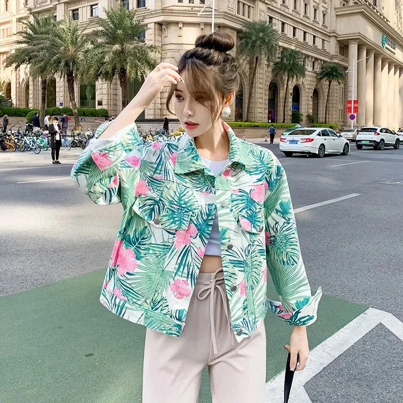 

Flower Print Denim Jacket Women's Jeans Jacket 2022 Spring Autumn Korean Version Loose Casual Short Coat Tops Female All-Match