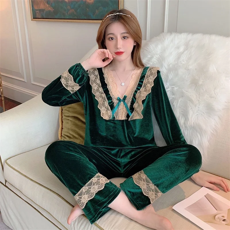 Velvet Princess Pajamas Set Sexy Lace Sleepwear For Women Full-Sleeve Autumn Soft Pyjama Women's Comfortable Sweet Homewear