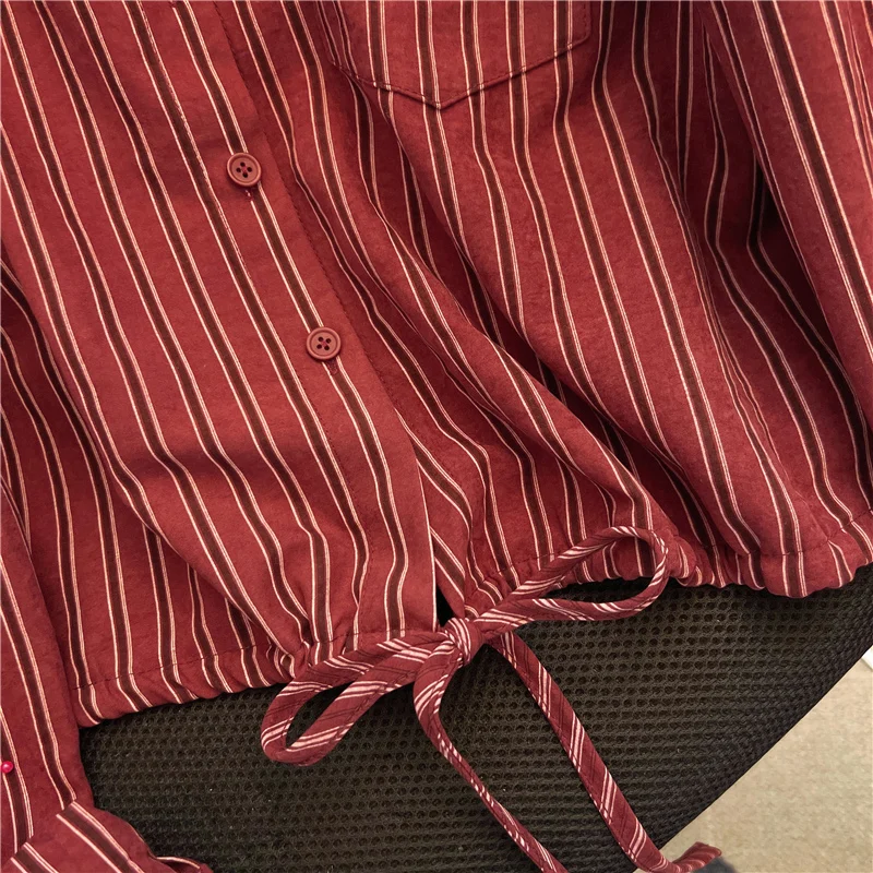 Женская рубашка-поло в полоску с длинным рукавом и бантом