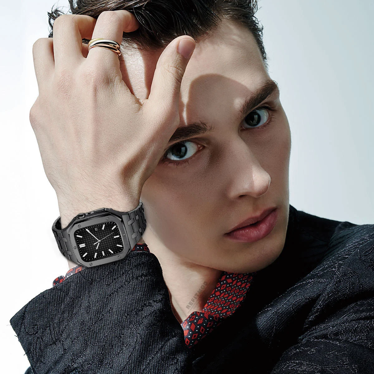 Luxury Metal Modification Kit For Apple Watch 8 7 6 5 4 SE Stainless Steel Band For Iwatch Series 44mm 45mm Rubber Sports Strap