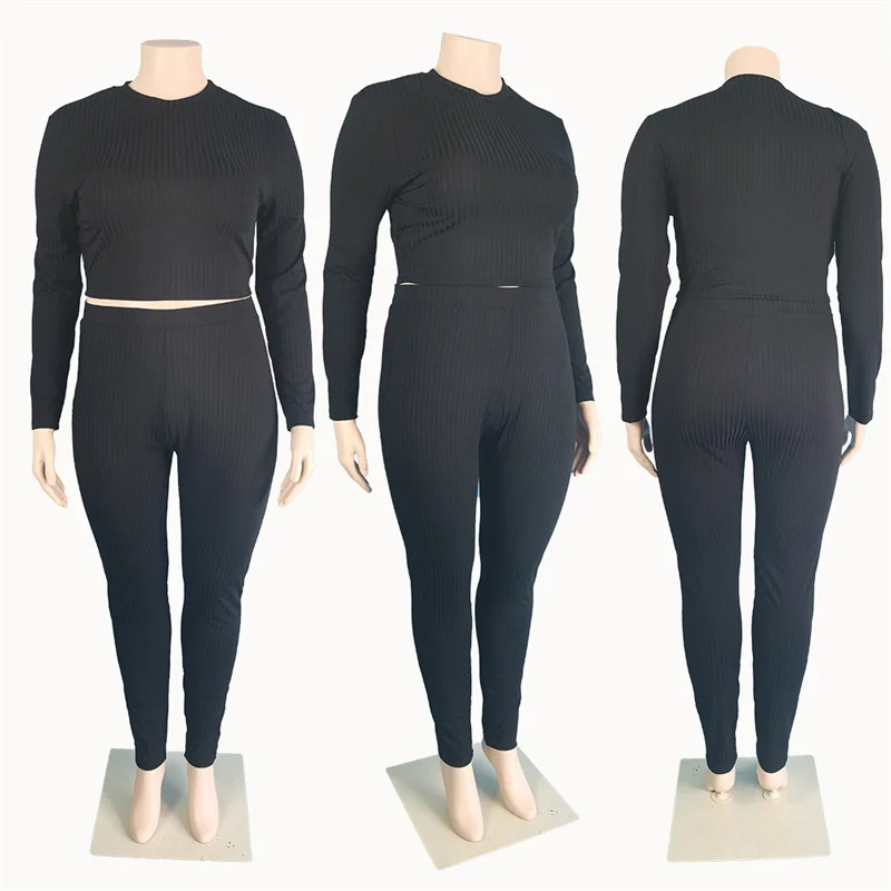 Plus Size Women Clothing Fashion Sexy Outfits Long Sleeve Top and Pants Bodycon Ribbed Two Piece Set Dro 3xl 4xl 5xl 6xl