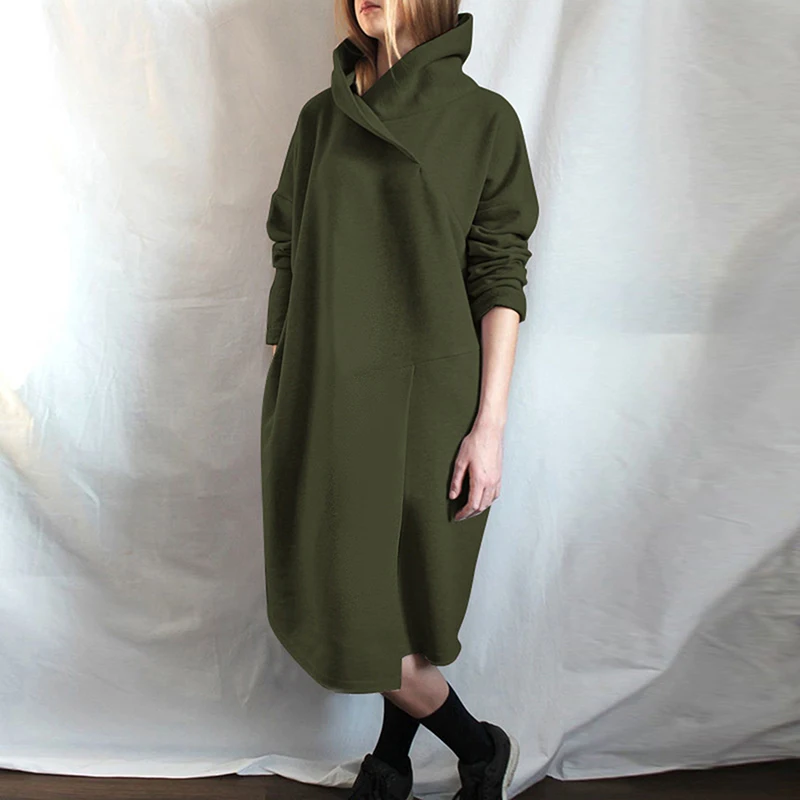 

Women's Fashion Irregular Pocket Sweatshirt Dress Autumn Ladies Solid Sweatshirts Casual Simple Turtleneck Midi Robe