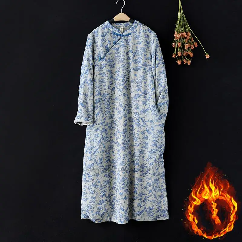 

Женское платье с флисовой подкладкой, элегантное винтажное платье Ципао с китайским цветочным принтом, в восточном стиле, 2023