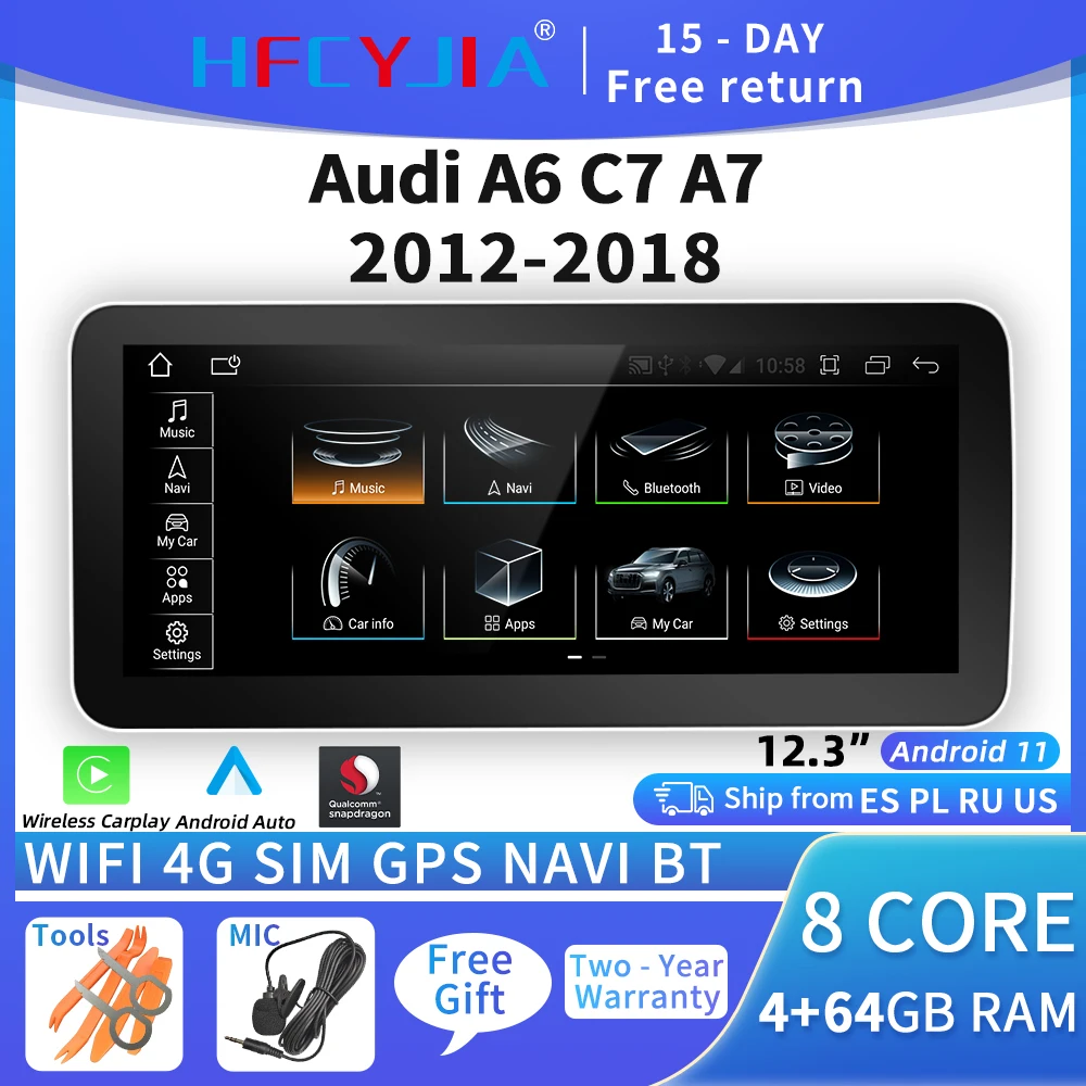 

12.3 "8 Core Android11 Car Multimedia Radio For Audi A6 C7 A7 2012-2018 WIFI 4G 8-128GB 1920*720 BT GPS NAVI Stereo