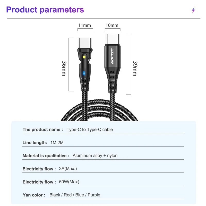 Кабель USLION usb-c x usb-c, для Xiaomi, Macbook, Samsung, POCO, 2 м, поддержка быстрой зарядки, 180, угол поворота 66 Вт, PD, 3 А
