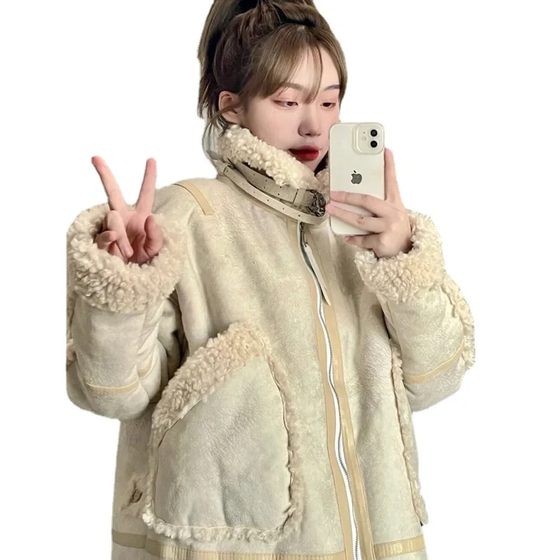 Lamb's wool double-sided jacket women's winter velvet thickened baseball uniform cotton uniform