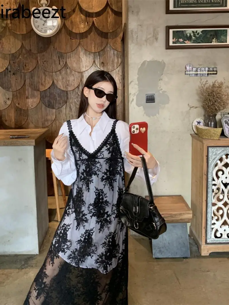 Женское длинное платье на бретельках черное большого размера с вышивкой и модным