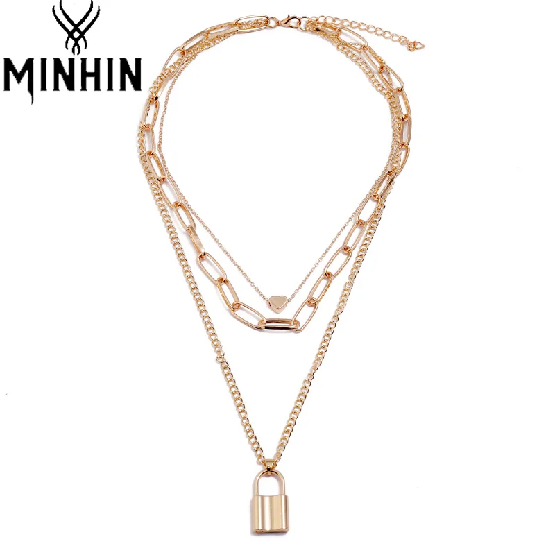 

MINHIN Gold Color Heart Necklaces for Women Men Couple Lover Link Layered Chain Lock Valentine's Day Jewelry Choker Chain