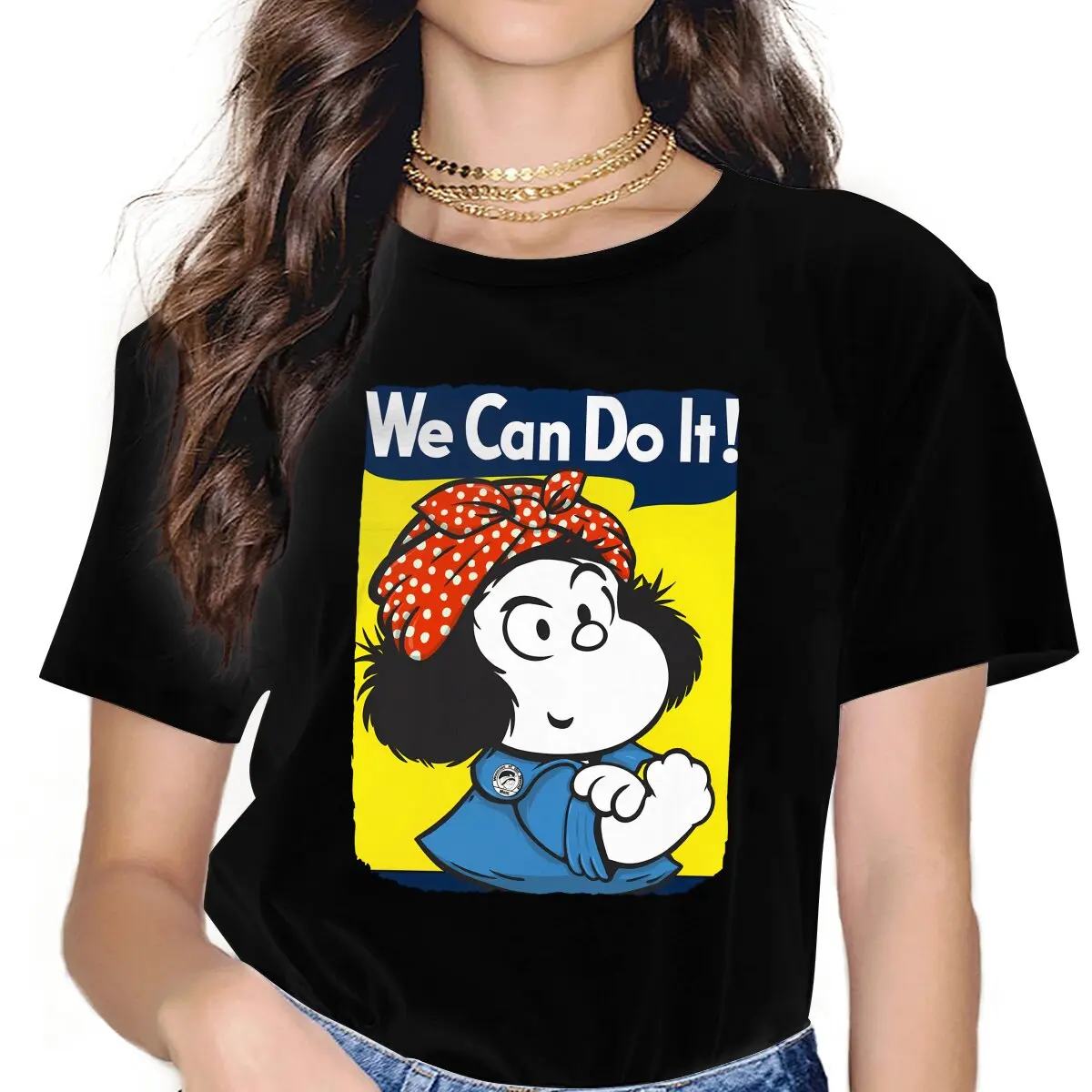 

Мы можем сделать это, женская футболка Mafalda, Мультяшные девушки Y2k, графические топы с круглым вырезом, женская футболка из полиэстера, забавный подарок