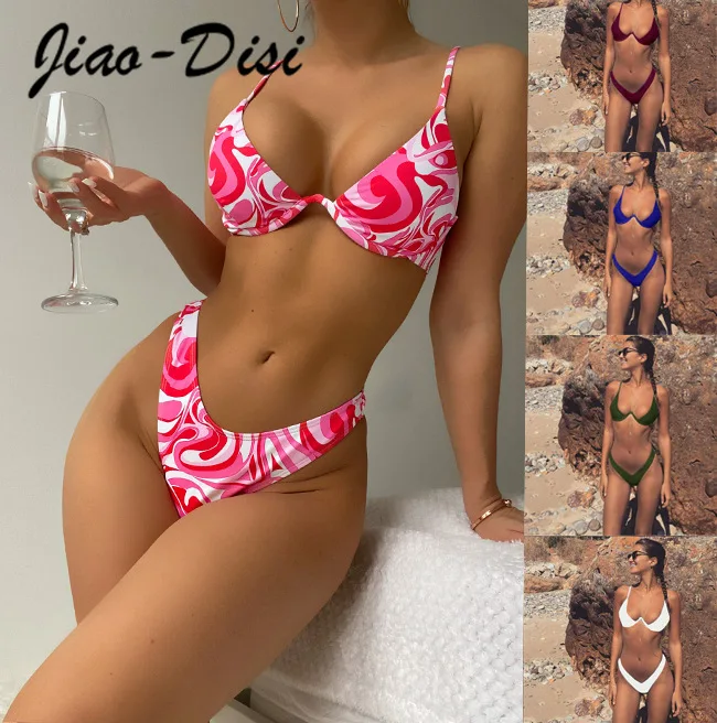 

2pcs Sexy Bikini 2022 Solid Color Swimsuit Women Push Up Bikini Suit Swimsuit Summer Beachwear Crop Swim Top Swimwear Bikini Set