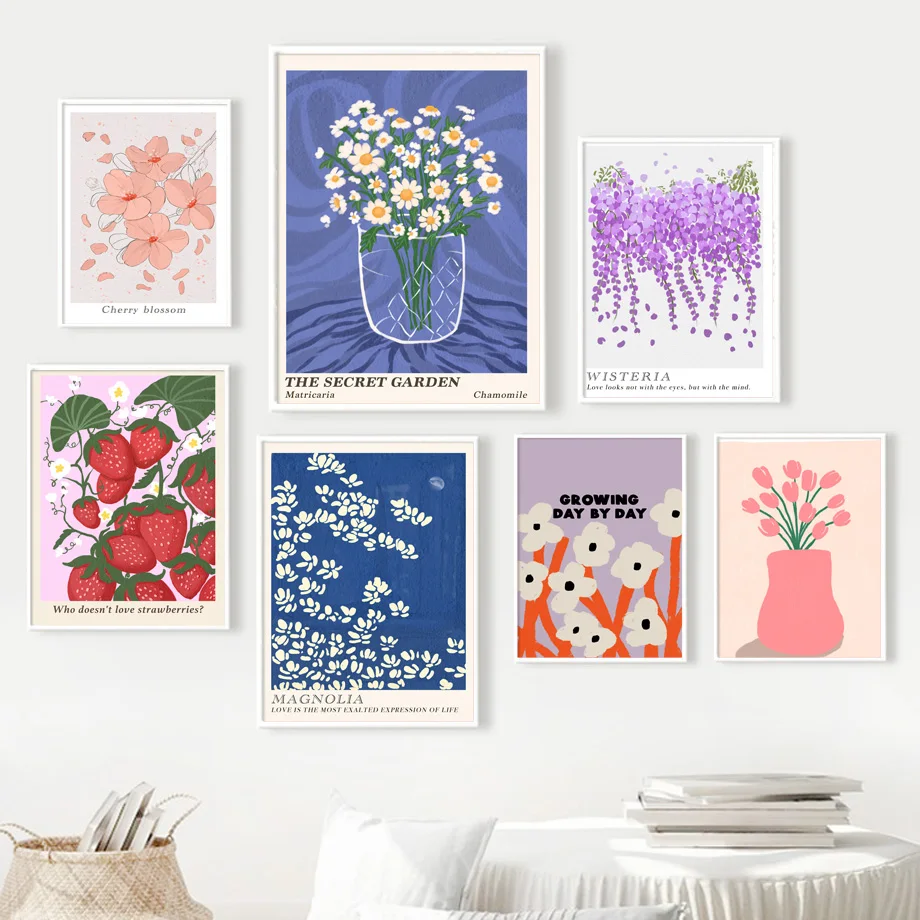 

Vintage Abstract Wall Art Canvas Painting Posters and Prints Wall Pictures for Living Room Decor Cherry Tulips Flower Vase