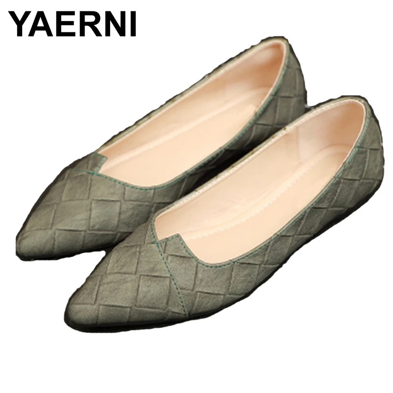 

YAERNIPlus Size41-34Tenis Feminino Sapato Branco VintageShoes No Heel Gingham PointedToe LoafersDriving Slip-On Brand Green Grey