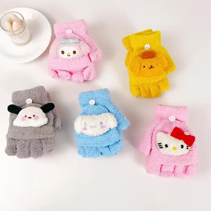 

Милые варежки Hello Kitty Sanrio из аниме My Melody Cinnamoroll, милые Мультяшные перчатки с пальцами для студентов, зимние теплые велосипедные перчатки