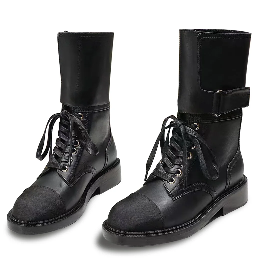 

Women's Boots Autumn Winter Trend 2023 Calf Leather High Quality Women's Shoes High Grade Cowhide Lace-Up Hook&Loop Martin Botas