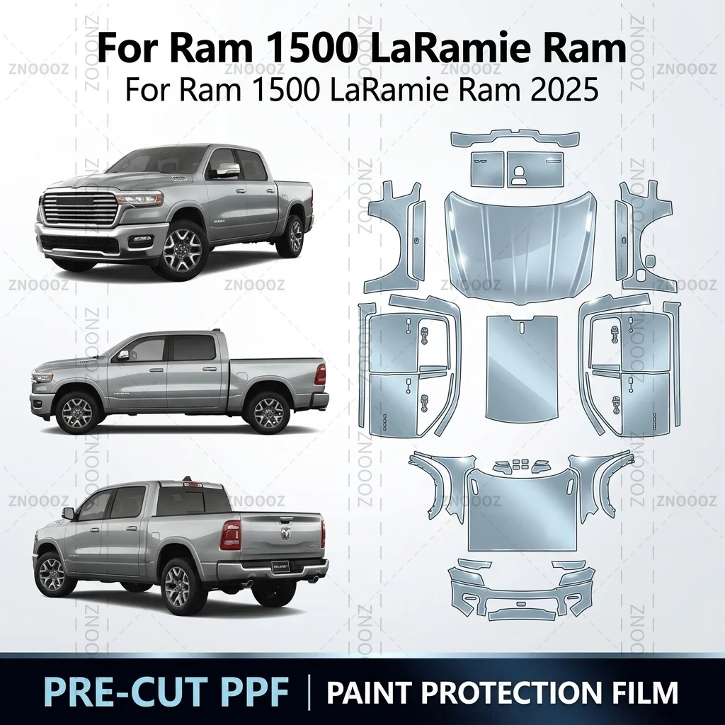 Фото Для Ram 1500 Laramie 2025 года: 8,5-миллиметровая предварительно вырезанная защитная пленка PPF из ТПУ с самовосстановлением, для полной защиты кузова, глянцевая прозрачная/матовая черная №1